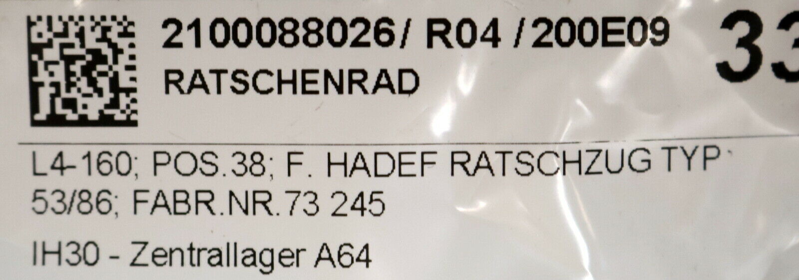 HADEF Ratschenrad Nr. 4186400138 für HADEF Ratschzug FIG 53/86 Fab.Nr. 73245/1