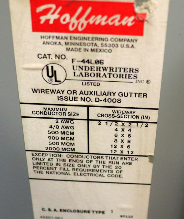 HOFFMAN Wireway, steel, straight section Cat. No. F-44L06 Type 12 Hinged-Cover