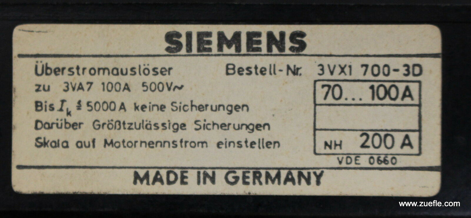 SIEMENS Überstromauslöser 3VX1700-3D 70-100A NH 200A
