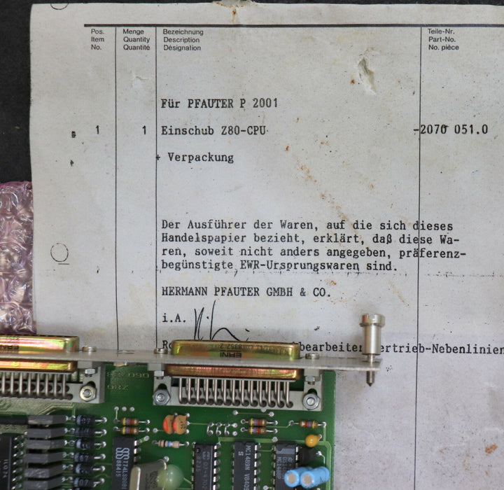 PFAUTER WIEDEMANN Einschub Z80-CPU Board 2 070 051 0 für Wälzmodul PFAUTER