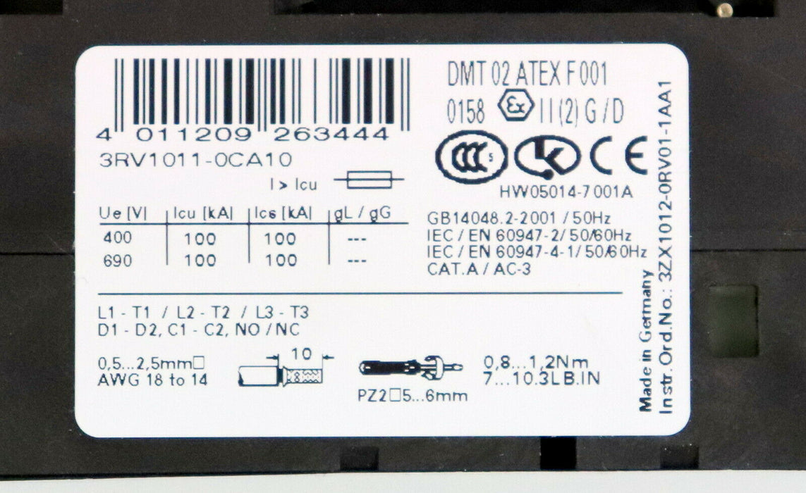 SIEMENS 2 Stück Motorschutzschalter 3RV1011-0CA10 0,18-0,25A 1NO + 1NC S00