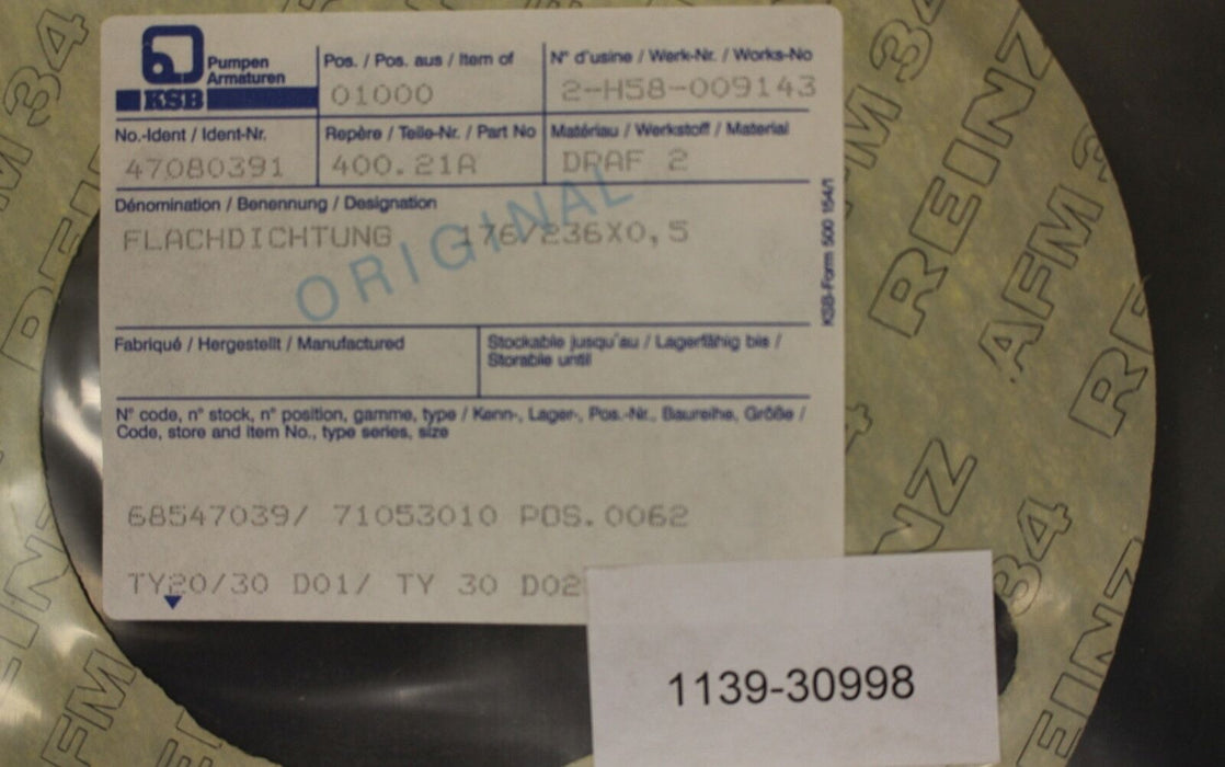 KSB Flachdichtung 176x236x0,5-DPAF2 für Pumpe CTN-CMX 50-20 Teil 400.21A/74A