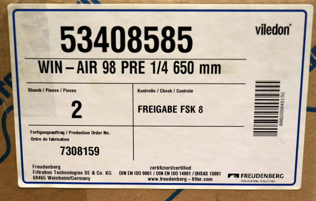 FREUDENBERG 2 Stück VILDEDON Filter 53408585 WIN-AIR 98 PRE 1/4 650mm FSK8