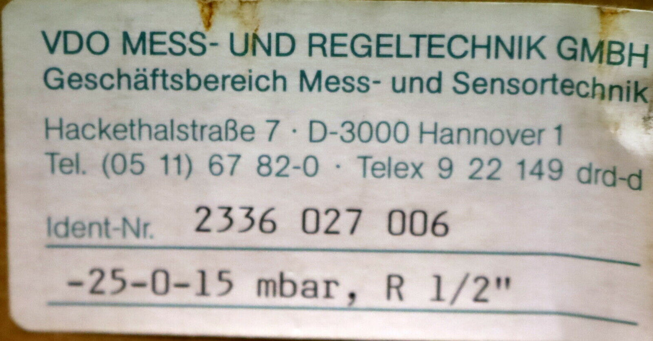 VDO Plattenfeder-Manometer 2336.027.006 -25…+15mbar Kl. 1,6 Anschluss R1/2"