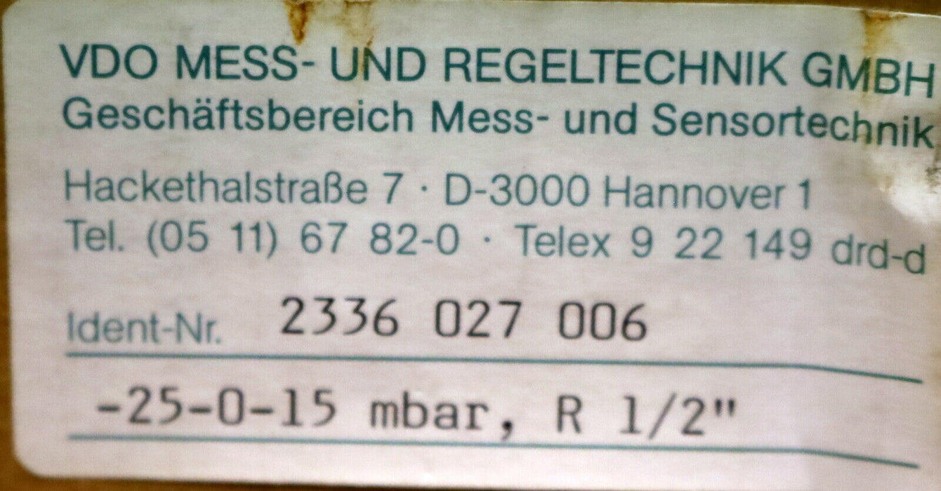 VDO Plattenfeder-Manometer 2336.027.006 -25…+15mbar Kl. 1,6  Anschluss R1/2"