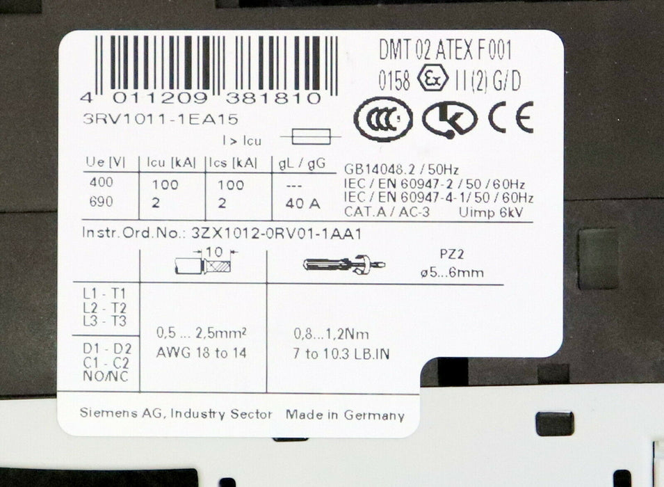 SIEMENS Motorschutzschalter 3RV1011-1EA15 2,8-4A 1NO + 1NC Baugröße S00