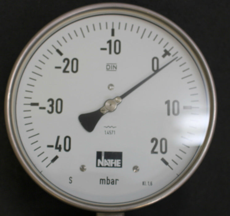 NATHE Plattenfeder-Manometer -40…+20mbar Kl.1,6 Edelstahl 1.4571 Anschluss G1/2