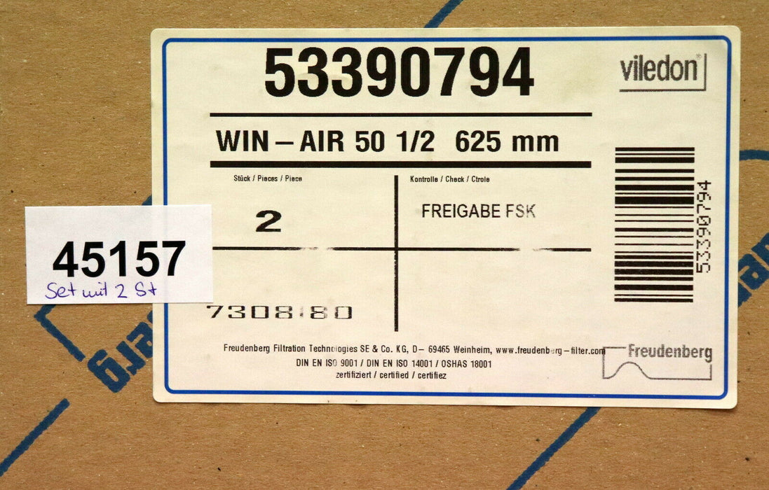 FREUDENBERG 2 Stk. VILDEDON Taschen-Filter Pocket Filter 53390794 WIN-AIR 50 1/2