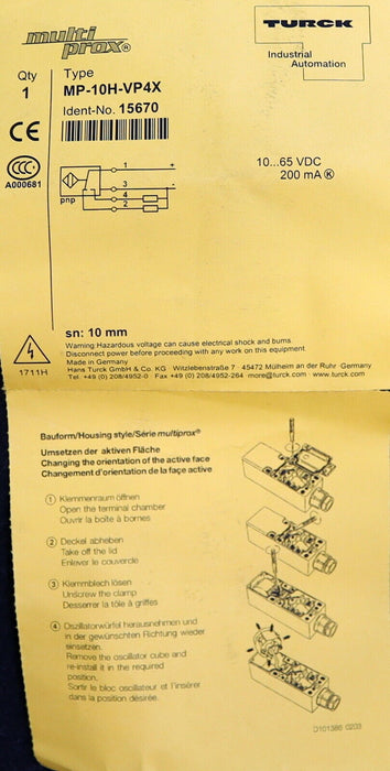 TURCK induktiver Näherungsschalter MP-10H-VP4X Ident-No. 15670 Bauform: 40x40mm