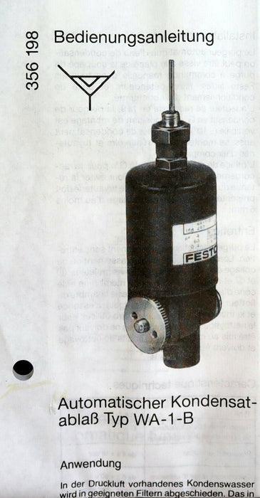 Scarico Condensa Automatico Festo WA-1-B (Mat. 158497) - 4-16 Bar / 60-230 Psi - Nuovo Pressostato Acqua Scarico Condensa Automatico Festo WA-1-B (Mat. 158497) - 4-16 Bar / 60-230 Psi - Nuovo Pressostato Acqua