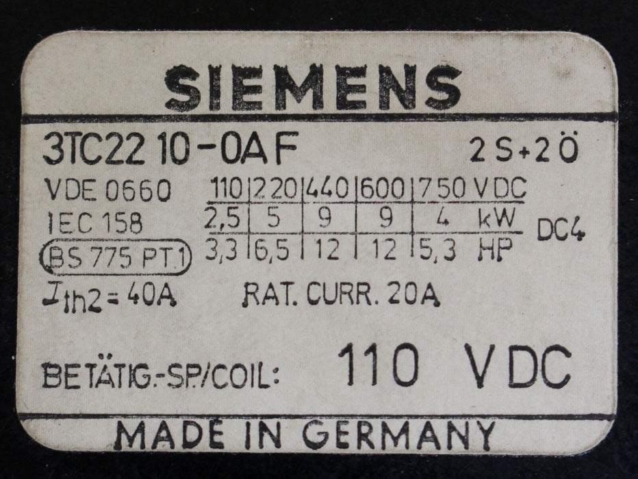 SIEMENS Luftschütz 3TC2210-0AF – Betätigungsspannung 110VDC