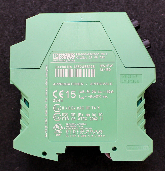 PHOENIX CONTACT Konverter PSI-MOS-RS422/FO 660 E Serial No. 1352458198 U=18-24V