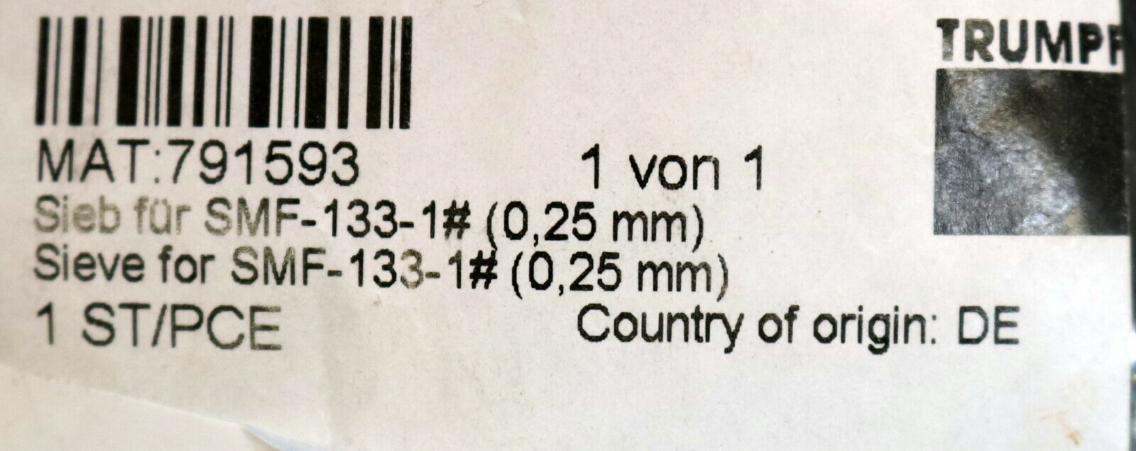 TRUMPF Sieb für SMF-133# Mat.Nr. 791593 unbenutzt in OVP
