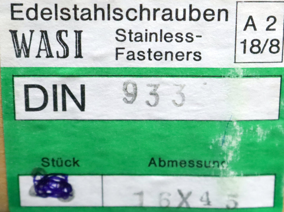 Bild des Artikels WASI-21x-Edelstahl-Sechskantschraube-M16x45-nach-DIN933-Gewinde-M16-unbenutzt