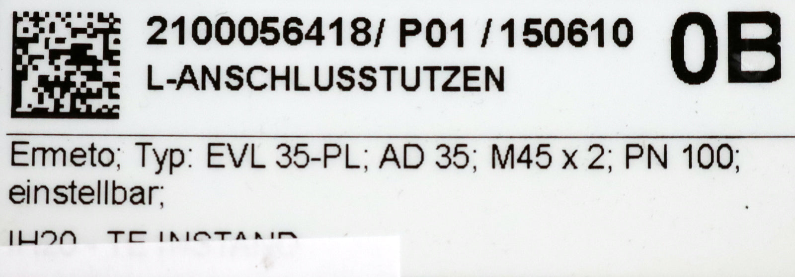 Bild des Artikels ERMETO-L-Anschlussstutzen-Typ:-EVL35-PL-G1"-AD35-PN100---111,2x85x56,8mm