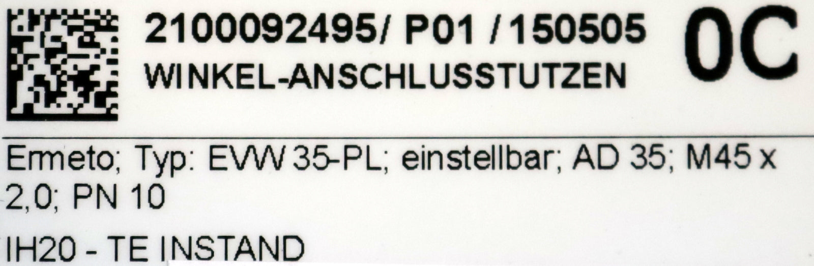 Bild des Artikels ERMETO-Winkel-Anschlussstutzen-Typ:-EVW35-PL-M45x2-AD35-PN10-86x76x56mm