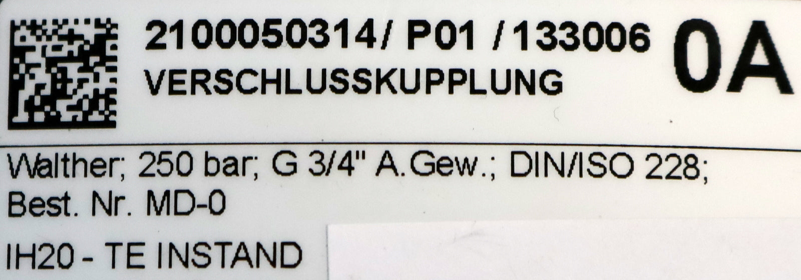 Bild des Artikels WALTHER-Verschlusskupplung-Typ:-MD-012-0-WR026-19-2-FL-G3/4"-DIN/ISO-228-250bar