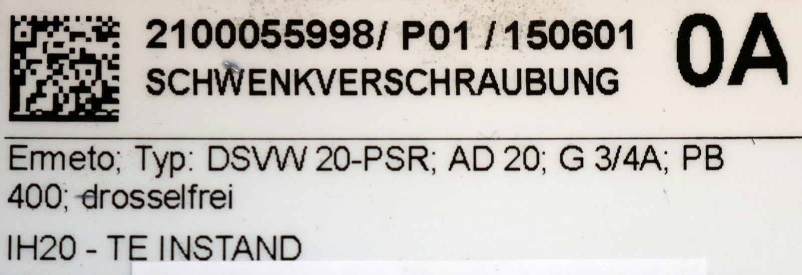 Bild des Artikels ERMETO-Schwenkverschraubung-Typ:-DSVW20-PSR-G3/4"-AD20-PB400-drosselfrei