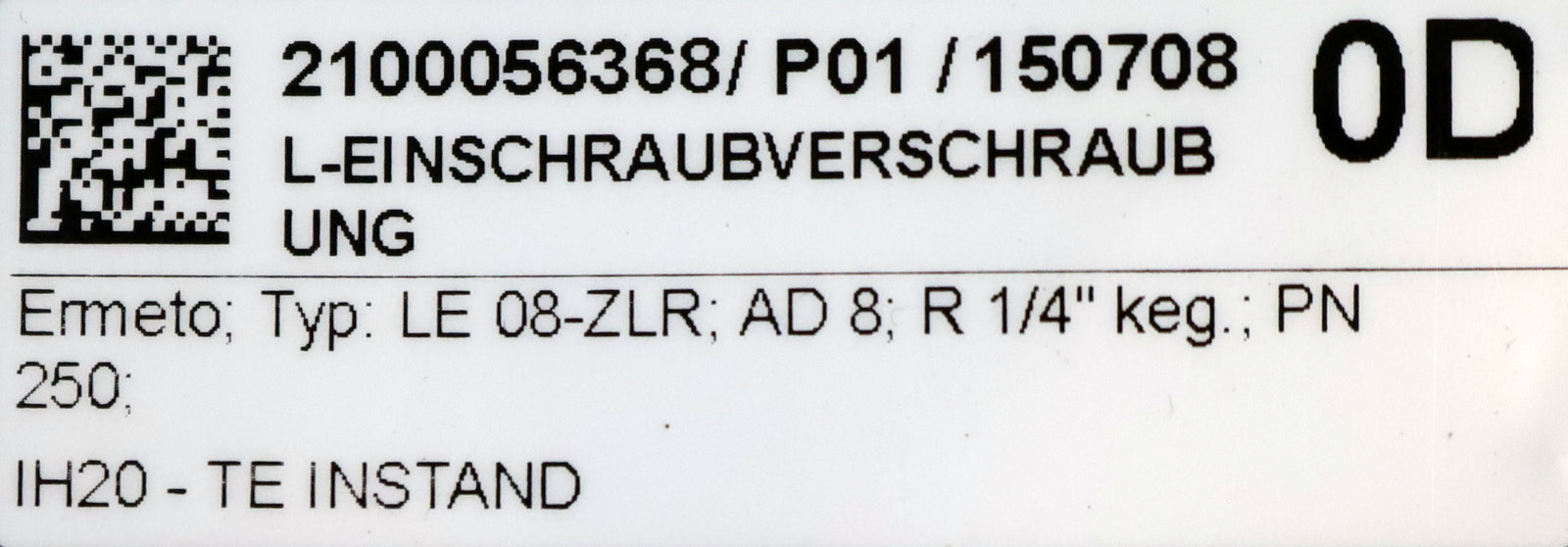 Bild des Artikels ERMETO-8x-L-Einschraubverschraubung-Typ:-LE08-ZLR-R-1/4"-AD8-PN250-58x40x19mm
