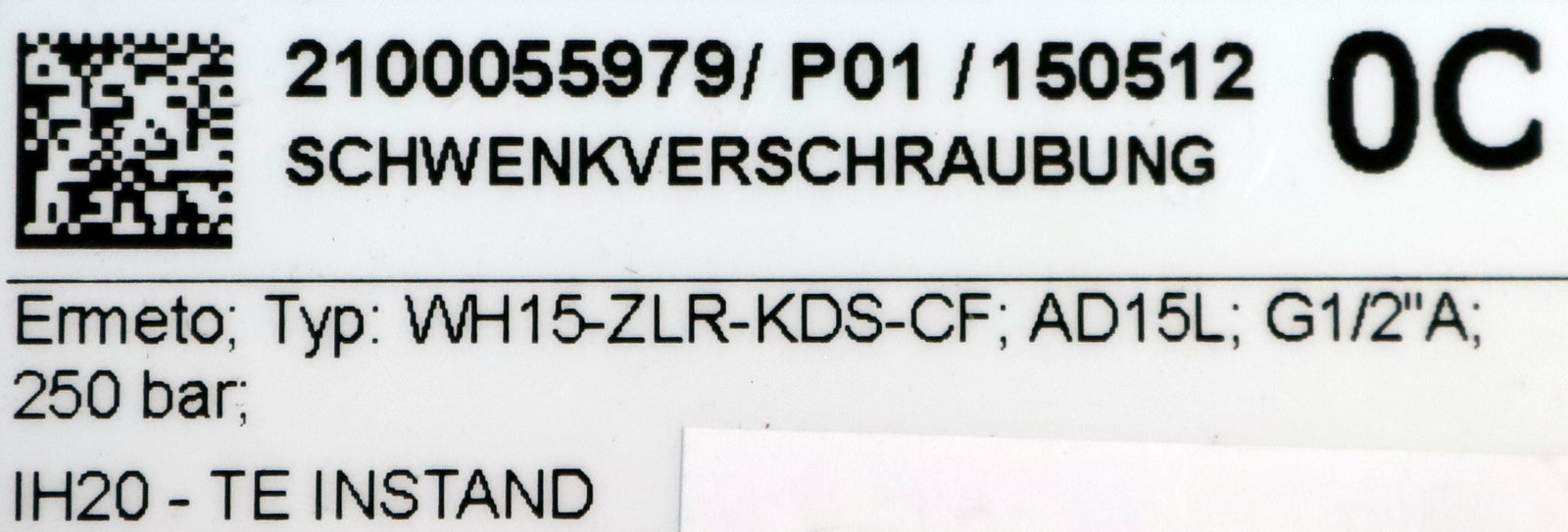 Bild des Artikels ERMETO-Schwenkverschraubung-Typ:-WH15-ZLR-KDS-CF-AD15L-G1/2"A-250bar-unbenutzt