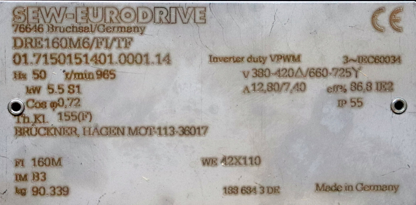 Bild des Artikels SEW-5,5kW-Motor-DRE160M6/FI/TF-965U/min-380/420V/660/725V-50Hz-12,8/7,4A-IP55