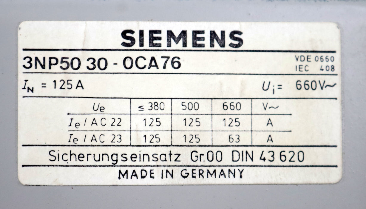Bild des Artikels SIEMENS-Lasttrennschalter-3NP5030-0CA76-IN=-125A-Ue=-380/500/660VAC-Gr.-00