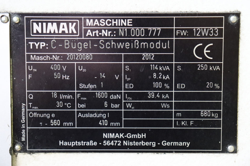 Bild des Artikels NIMAK-250kW-Punktschweißmaschine-mit-Kühlung-Nr.-N1.000.777-Öffnung-e-=-560mm