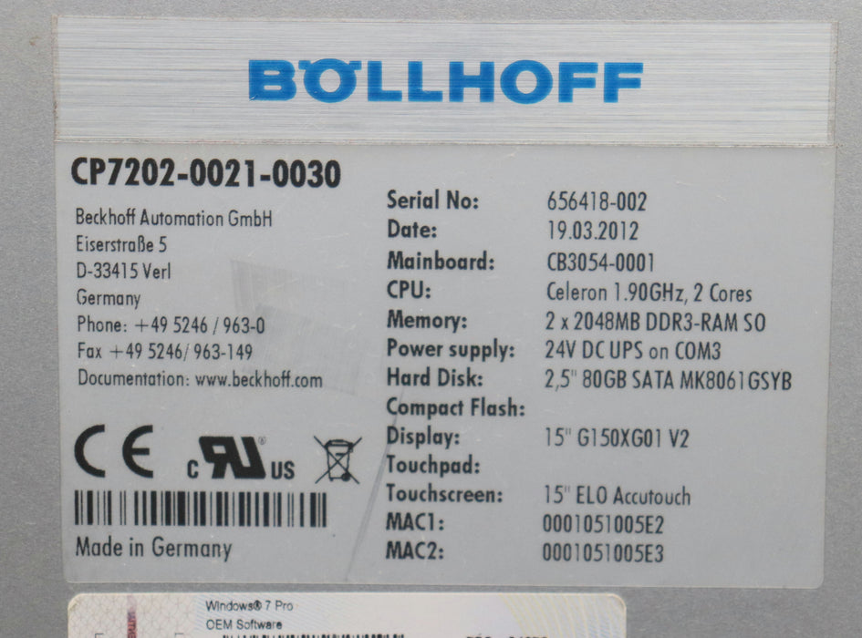 Bild des Artikels BÖLLHOFF-Panel-PC-+-Standfuß-+-Steuerschrank-CP7202-0021-0030-+15"-Touchscreen