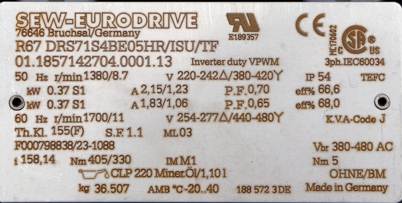Bild des Artikels SEW-Getriebemotor-R67-DRS71S4BE05HR/ISU/TF-50Hz-r/min-1380/8.7---5Nm