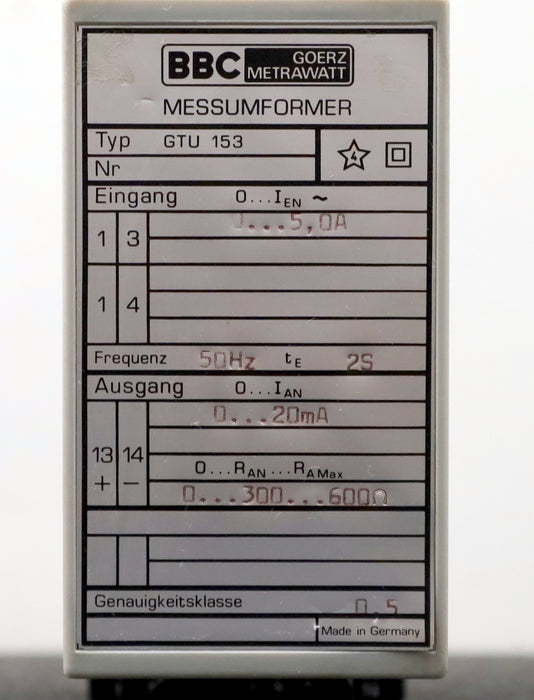 Bild des Artikels BBC-Messumformer-GTU-153-Eingang:-0-5,0A-Frequenz-50Hz-ter-2S-Ausgang:-0-20mA