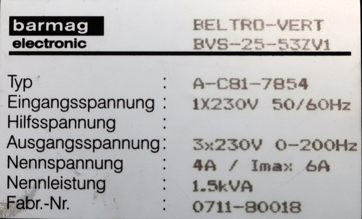 Bild des Artikels BARMAG-Frequenzumrichter-Motordrive-BELTRO-VERT-BVS-25-53ZV1-Typ-A-C81-7854