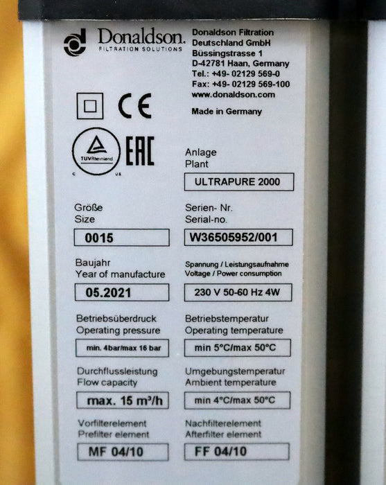 Bild des Artikels DONALDSON-Atemluftgerät-Ultrapure-2000-Adsorptionstrockner-1C580026-Ultrafilter