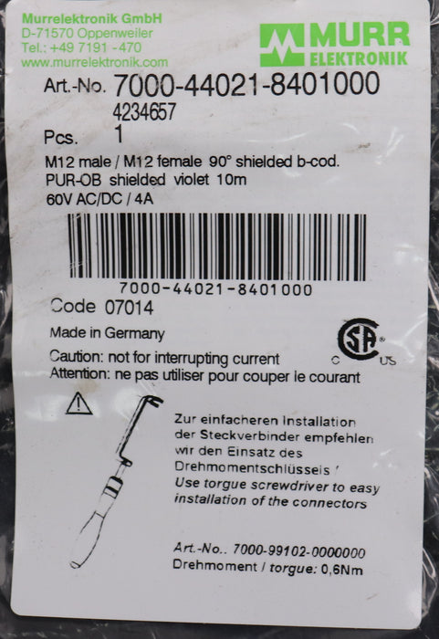 Bild des Artikels MURR-M12-St.-90°-/-M12-Bu.-90°-B-kod.-geschirmt-Nr.-7000-44021-8401000-Länge-10m