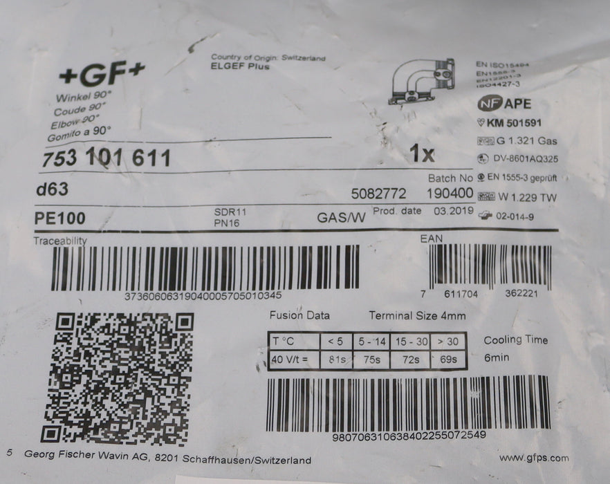 Bild des Artikels GF-GEORG-FISCHER-Winkel-90°-Art.Nr.-753-101-611-Ø63-PE100-unbenutzt-in-OVP