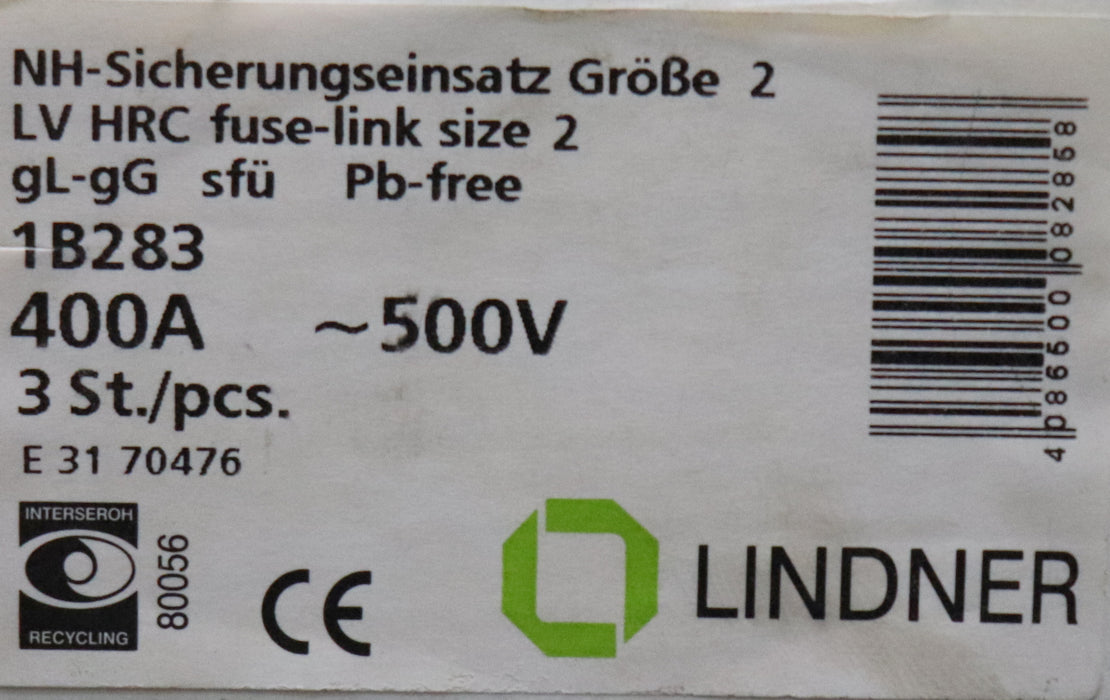 Bild des Artikels LINDNER-3x-Sicherungseinsatz-fuse-link-Art.Nr.-1B283-400A-500VAC-gL-gG-Gr.-2