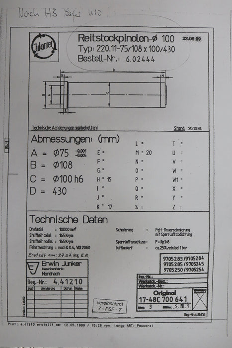 Bild des Artikels JUNKER-Reitstockpinole-Nr.-6.02444-Ø100-Type-220.11-75/108x100/430-Länge-430mm