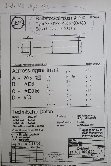 Bild des Artikels JUNKER-Reitstockpinole-Best.Nr.-6.02444-Ø100-Type-220.11-75/108x100/430