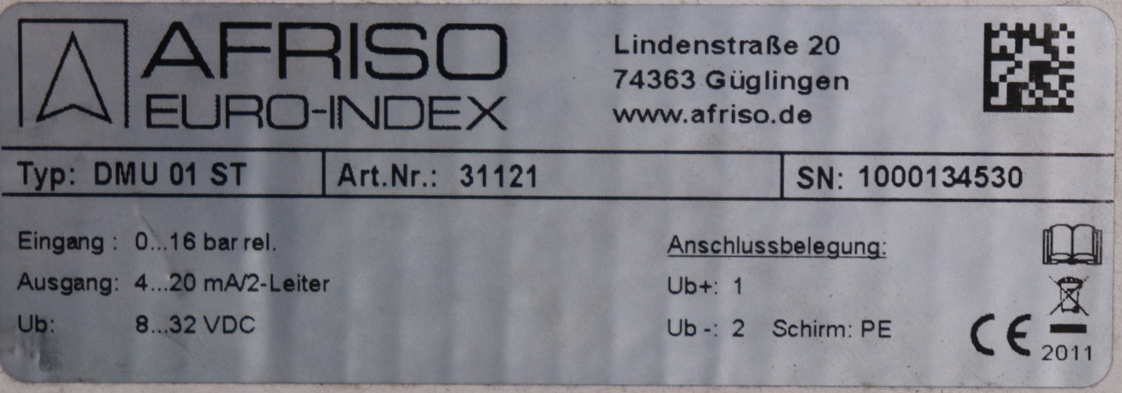 Bild des Artikels AFRISO-Druckmessumformer-DMU01ST-Art.Nr.-31121-0-16bar-4-20mA-2-Leiter-8-32VDC