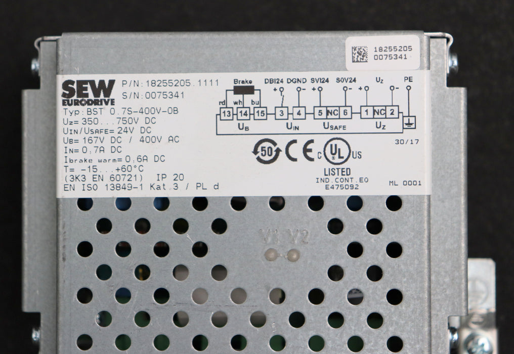 Bild des Artikels SEW-Bremsmodul-Typ-BST-0.7s-400V-0B-P/N-18255205.1111-Uz-350…750VDC-Uin-24VDC