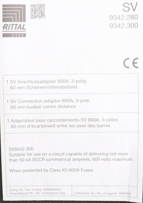 Bild des Artikels RITTAL-OM-Adapter-Typ-SV-9342.300-800A-690VAC-95-300mm²-unbenutzt