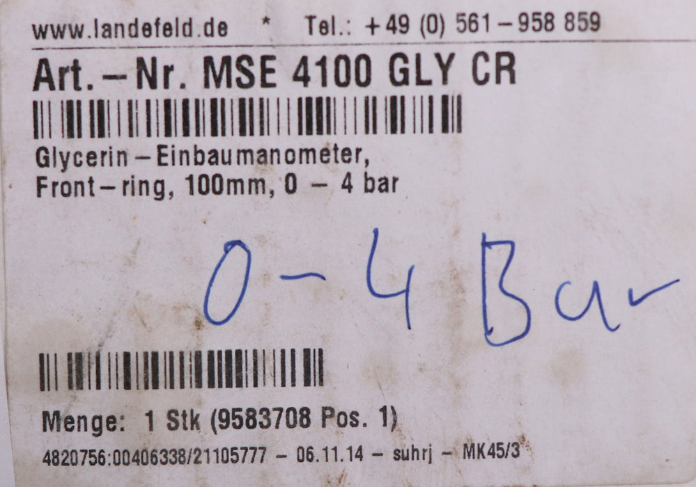 Bild des Artikels WIKA-Glycerin-Einbaumanometer-0-4bar-G1/2B-Art.No.-MSE-4100-GLY-CR-Ø-100mm