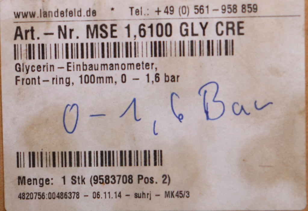 Bild des Artikels LADENFELD-Glycerin-Einbaumanometer-0-1,6bar-G1/2B-Art.No.-MSE-1.6100-GLY-CRE
