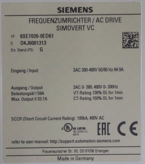 Bild des Artikels SIEMENS-MASTERDRIVES-SIMOVERT-VC-Frequenzumformer-6SE7026-0ED61-380-460VAC